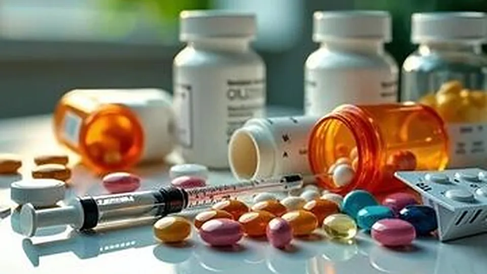 Assorted medicine bottles, tablets, capsules and a syringe