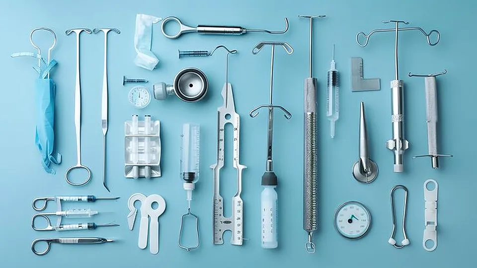 Surgical instruments and disposables laid out on a blue background