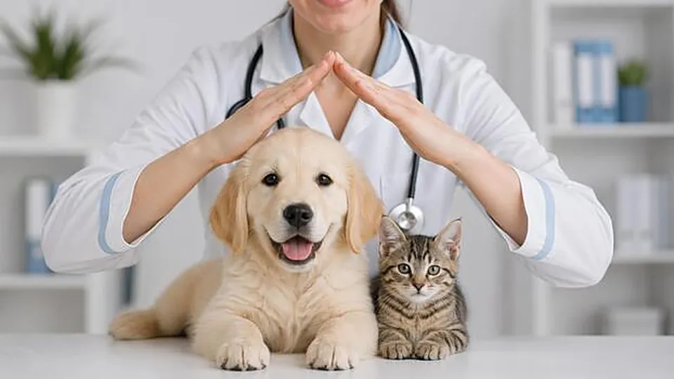 Veterinarian with a golden retriever puppy and a kitten
